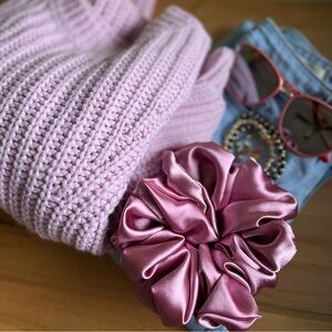 Jumbo plush deep pink satin scrunchy